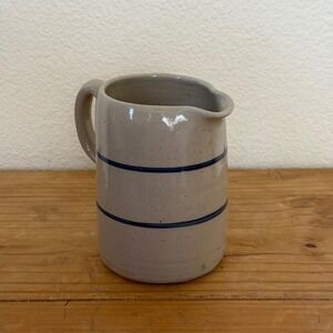 Vintage Stoneware Pitcher Blue Stripe Farmhouse Pottery Crock Ceramic Kitchen